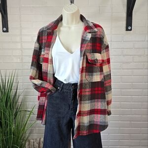 Hyfve Red and Brown Plaid Button Up Shacket Jacket Size Medium
